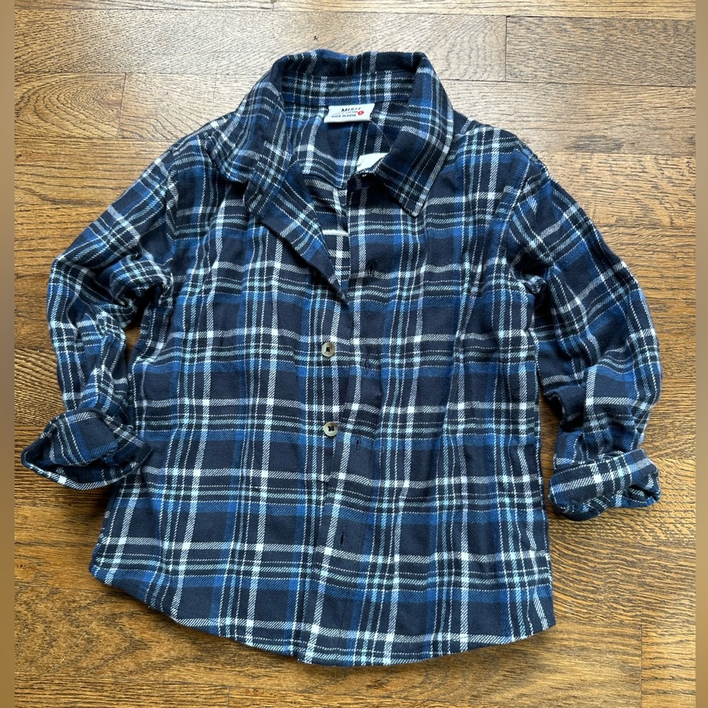 Mish boys flannel button down shirt with smile face on the back, size 2 NWT